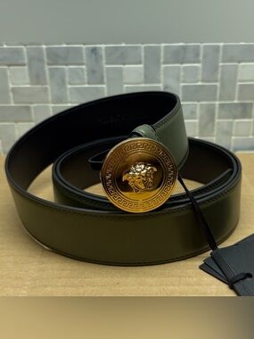 Versace Medusa Belt Dark Olive Black Leather Gold Buckle Size 130 Luxury Design